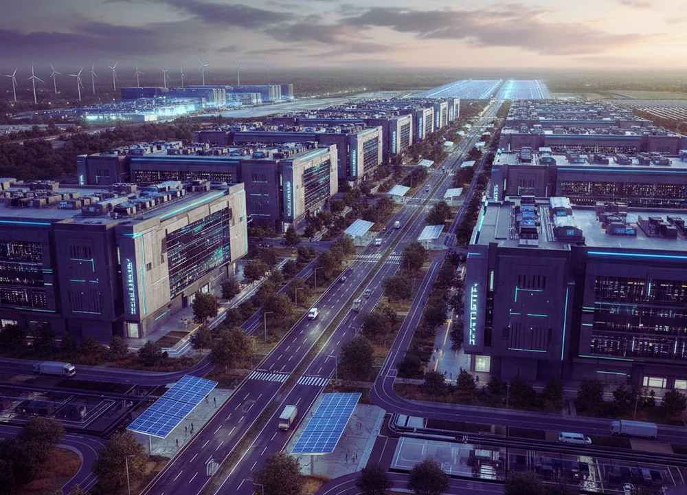 Master plan rendering of a large data centre campus